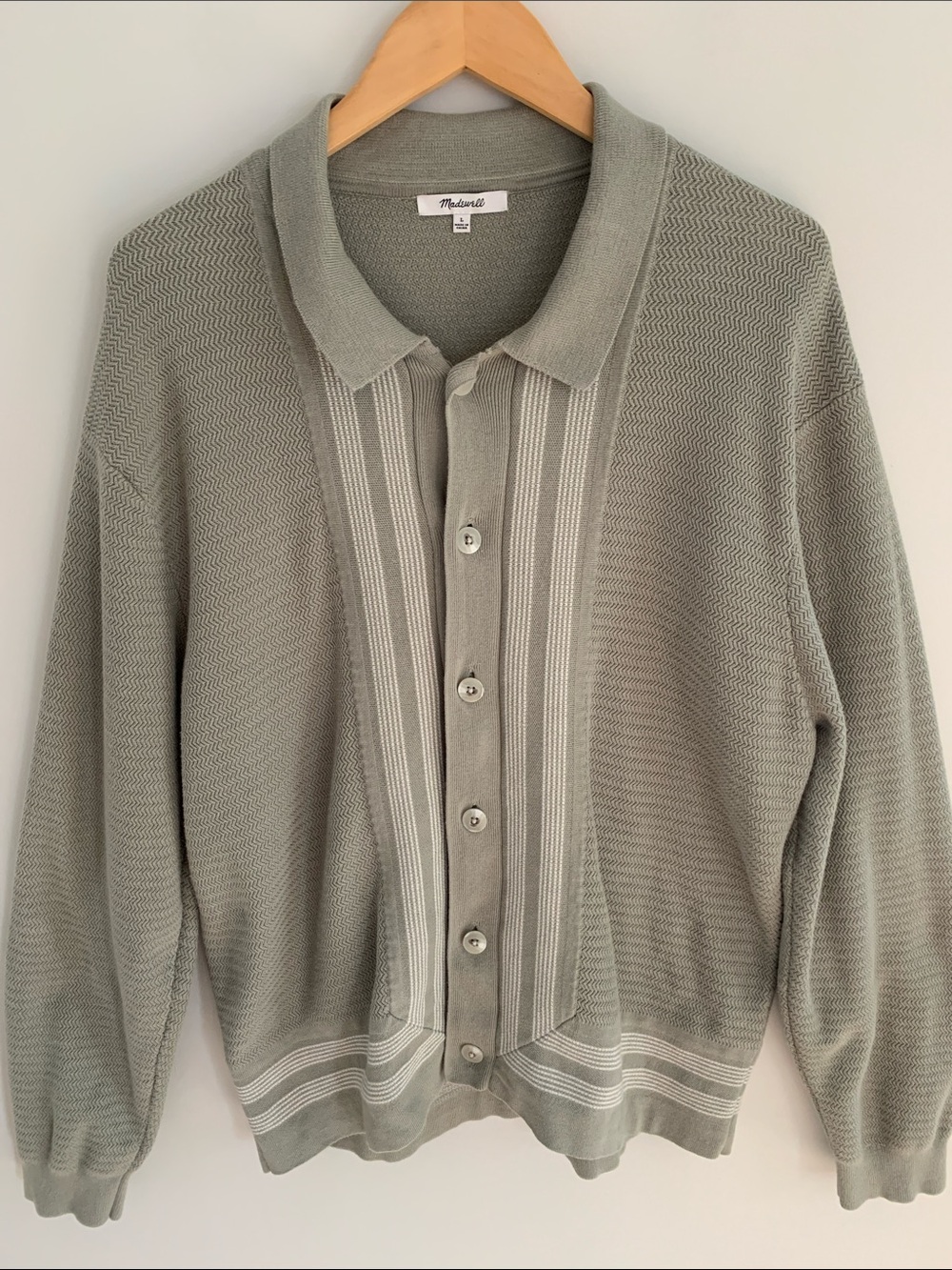 Madewell Men’s Button Up Sweater Polo Sage Green Large Cotton Retro Heritage